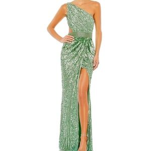 Mac Duggal Sequined One Shoulder Draped Lace Up Gown